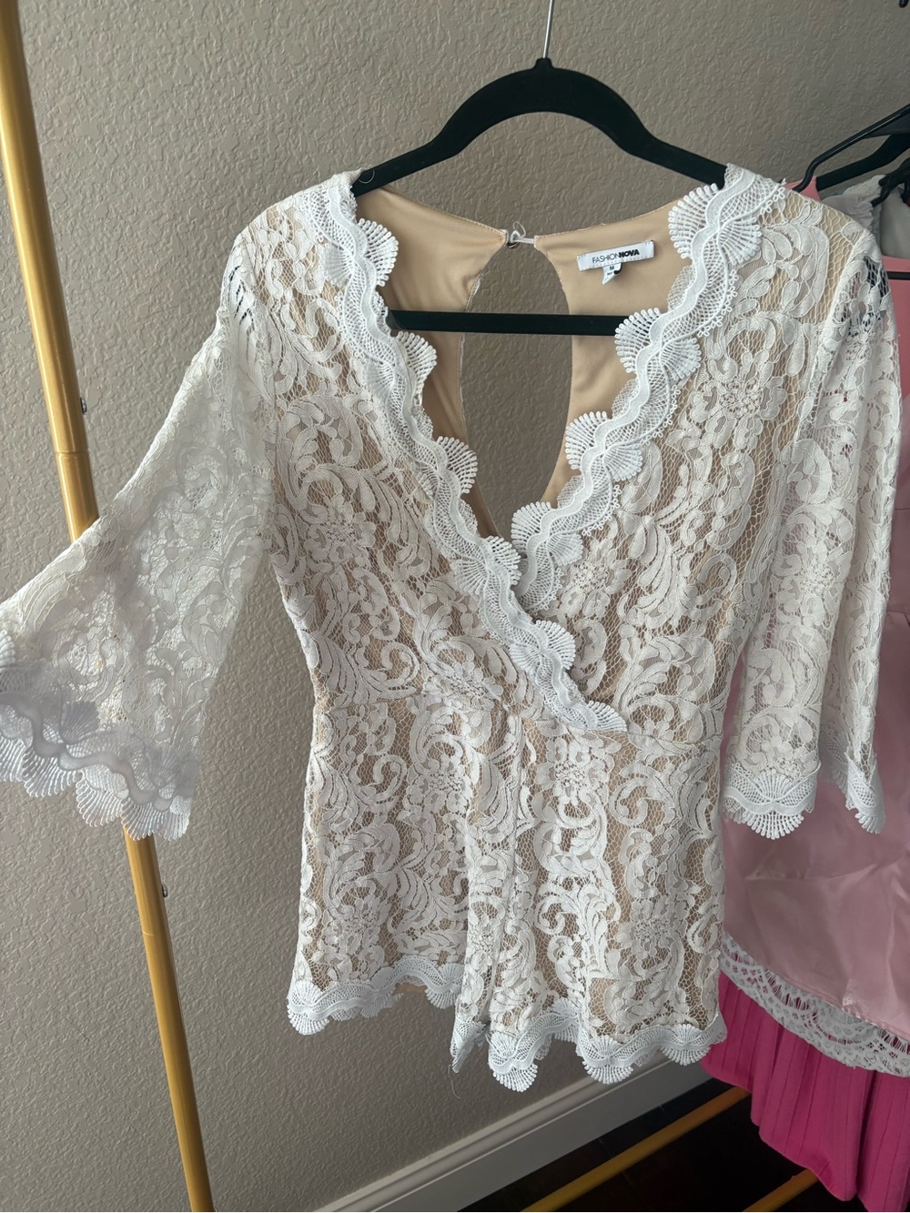 Fashion Nova Ivory Lace Peplum Romper